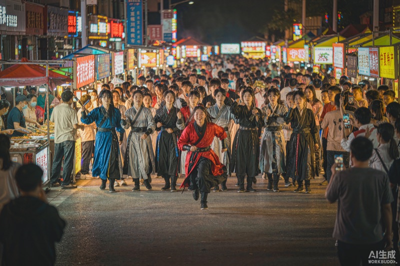 银川怀远路夜市夜晚街景，霓虹灯牌与人群，古装主题表演者在路口聚集
