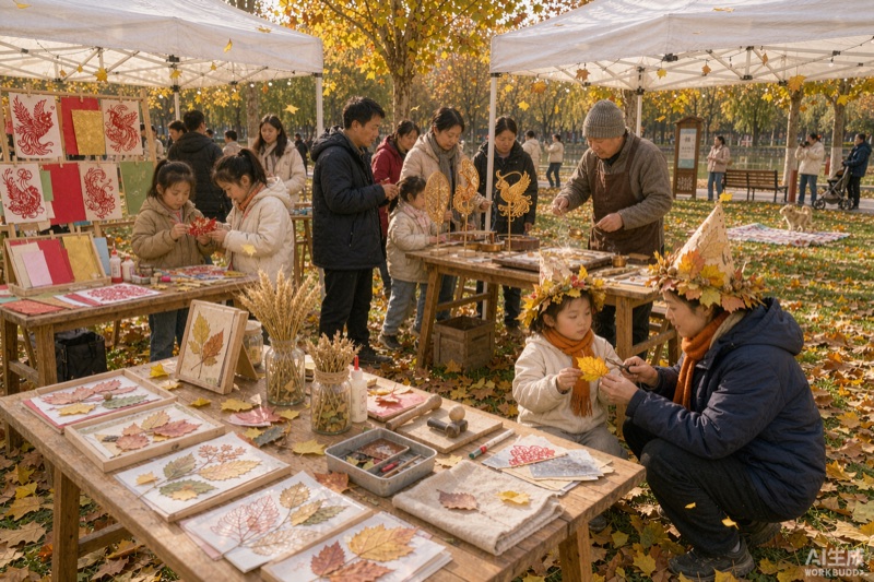 银川凤凰公园草坪上的秋日落叶市集，帐篷下摆着落叶拼贴、叶脉书签与拓印工具，亲子在制作落叶帽