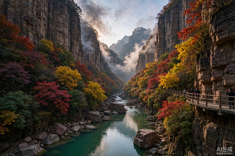 山西长治太行山大峡谷八泉峡深秋，峡谷两侧陡峭崖壁层林尽染，黄栌红枫与金黄桦树红黄绿三色层叠，谷底碧绿河水绕石而过，远处山脊起伏云雾缠绕，崖边观景台立着几个人影