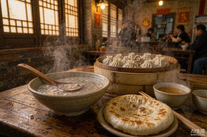 山西太原深秋清晨老字号早餐店内，木桌上摆着一碗灰白浓稠的头脑汤、一笼刚出屉的羊肉烧麦、一块烤黄的面饼与一盅温热黄酒，陶碗边沿冒着热气，背景是暖黄灯光下的木格窗与砖墙
