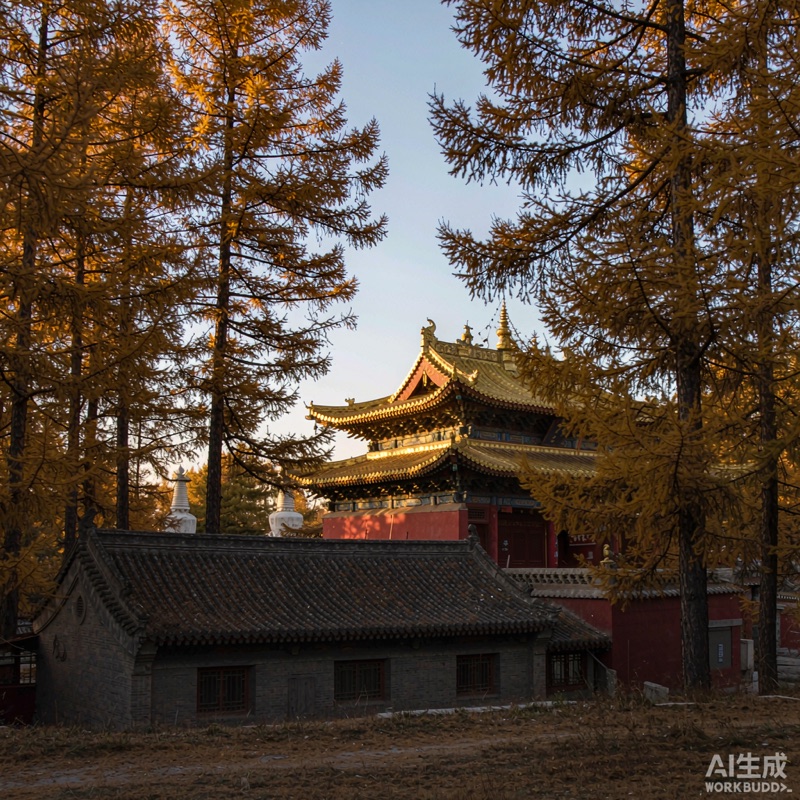五台山秋色，古寺红墙金顶，金黄落叶松环抱，晨钟暮鼓意境