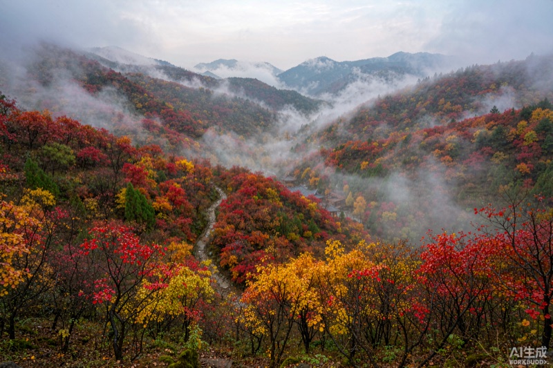陕南略阳天池山深秋红叶漫山，云雾缭绕，山谷中温泉度假区屋檐若隐若现