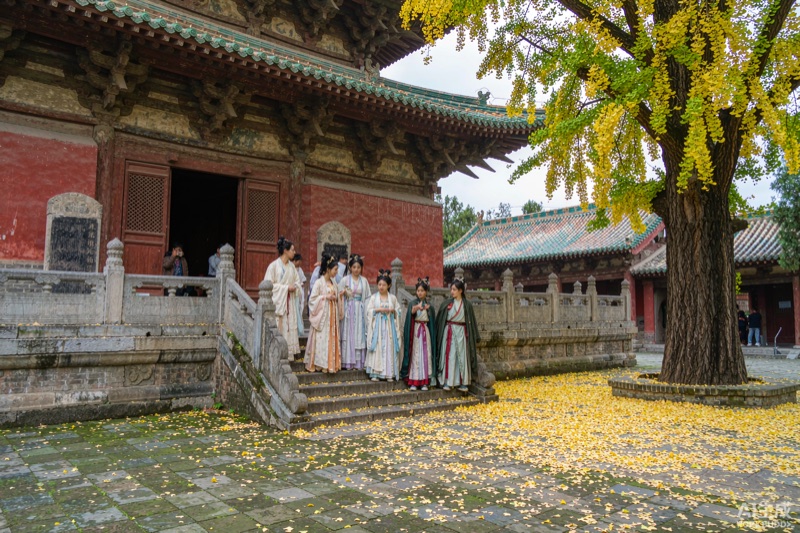 汉中市博物馆拜将坛前，几位身着不同朝代汉服的年轻游客立在石阶上，身旁银杏黄叶铺满青石地面