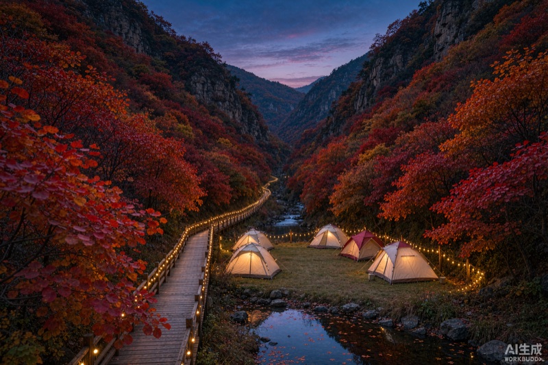 陕西汉中镇坪化龙山金秋红叶季，山谷两侧黄栌与枫树红成一片，谷底溪水映着红叶，山坡野营草地上搭着几顶帐篷，傍晚暖黄串灯刚亮起
