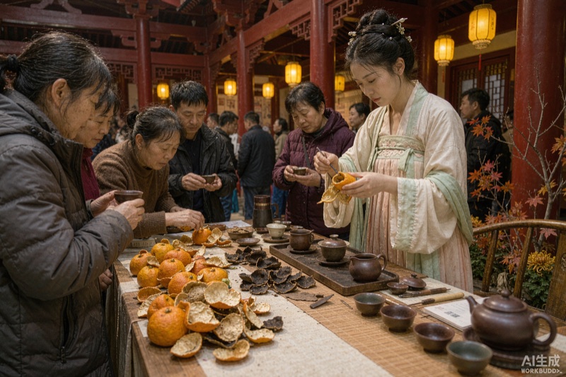 陕西西安深秋茶文化展场，长桌上摆着刚剖开的新会柑果皮、几片黑褐色老陈皮与紫砂盖碗，穿唐风襦裙的茶艺师正手工开皮，桌边坐着品鉴的市民，背景是仿唐建筑朱红立柱与暖黄灯笼光