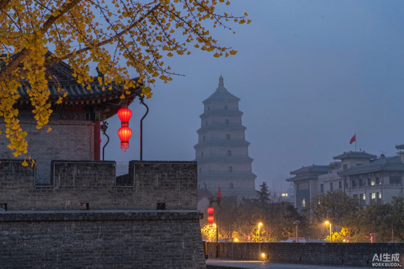 西安古城墙秋夜，灰砖城墙上红灯笼成排亮起，远处大雁塔轮廓立于暮色长空