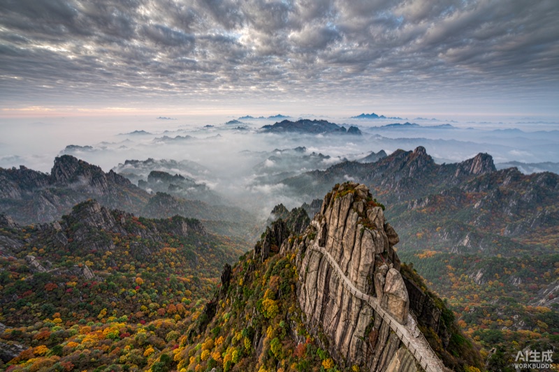 华山秋色，险峻花岗岩山峰与贴壁栈道，云海缠绕山脊，山坡点缀秋色林木