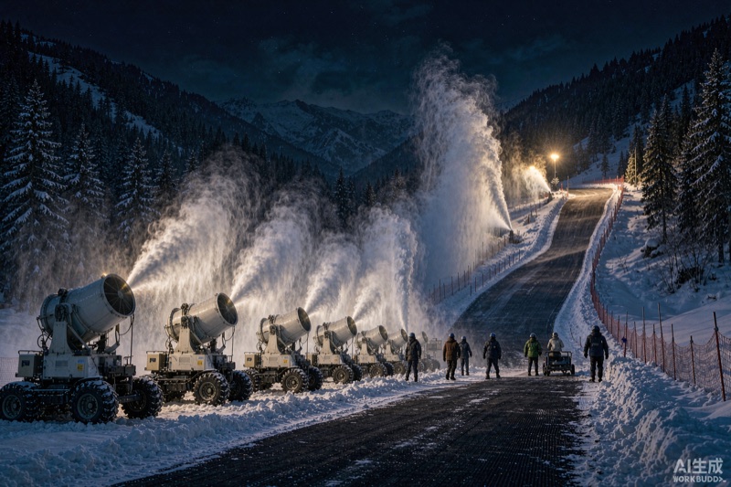阿勒泰将军山滑雪场夜间造雪，造雪机喷出雪雾，雪道灯光照亮山体，工作人员在雪地上行走